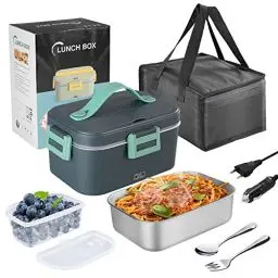 Produktbild: XREXS 1.8L Elektrisch beheizte Lunchbox, 75W Tragbarer Speisenwärmer für Auto, LKW/Büro/Zuhause - Große Kapazität, 3 in 1 (220V/12V/24V) Lunchbox mit Gabel/Löffel und isolierter Tragetasche