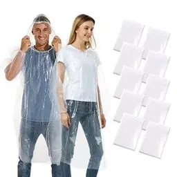 Produktbild: Xrkuu 10 Stück Einweg-Regenponchos, transparenter Notfall-Regenmantel, tragbarer Regenmantel mit Kordelzug und elastischen Handgelenken für Camping, Wandern, Angeln, durchsichtig, Einheitsgröße