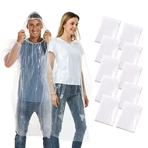 Produktbild: Xrkuu 10 Stück Einweg-Regenponchos, transparenter Notfall-Regenmantel, tragbarer Regenmantel mit Kordelzug und elastischen Handgelenken für Camping, Wandern, Angeln, durchsichtig, Einheitsgröße