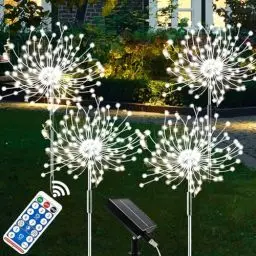 Produktbild: XRR Solarlampen für Außen, 4 Stück 120 LED Solarleuchten Feuerwerk 8 Modi Solarlichter Pusteblume mit Fernbedienung Wetterfest Solarstecker Gartenbeleuchtung für Halloween Weihnachtstag Deko