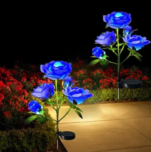 Produktbild: XRR Solarleuchten Garten Deko,2 Stück Solar Rose Lichter für Außen Wasserdicht Solarlampen mit 10LED, LED Solar Gartenleuchte für Garten, Büsche, Rasenflächen, Zäune,Rasen,Terrasse（Blau）
