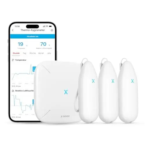 Produktbild: X-Sense WLAN Hygrometer Thermometer Innen, Temperatur- und Luftfeuchtigkeitsüberwachung per App, 500m Reichweite, Kostenfreier Datenexport, kompatibel mit Alexa, 3 Sensoren und 1 Basisstation SBS50