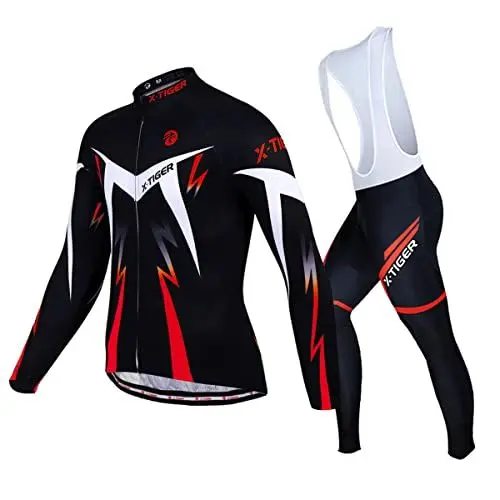 Produktbild: X-TIGER Herren Langarm Radtrikot Set Winter Radsportanzüge mit 5D Gel Gepolsterten Trägerhosen