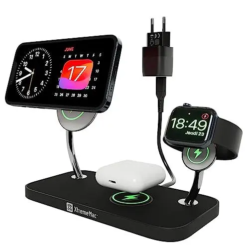 Produktbild: XtremeMac® Premium X-MAG Pro 3-in-1 Highspeed MagSafe Ladestation (Apple Zertifiziert), Ladegerät für iPhone 12, 13, 14 & 15 (15W), Apple Watch (5W), AirPods (5W) – gleichzeitig schnell Aufladen
