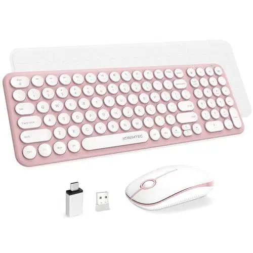Produktbild: XTREMTEC Kabellose Tastatur-Maus-Set, Retro runde Schreibmaschine Tastatur, Slim Funktastatur mit Maus, USB 2.4GHz Verbindung, kompakte Tastatur für Laptop,(Sakura rosa)-Deutsche Tastatur