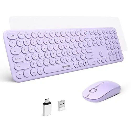 Produktbild: XTREMTEC Volle Größe Kabellose Tastatur und Maus,USB 2.4GHz Verbindung, Retro runde Schreibmaschine Tastatur, niedliche Computer-Tastatur für Windows, Mac, Tablet(lila)-Deutsche Tastatur