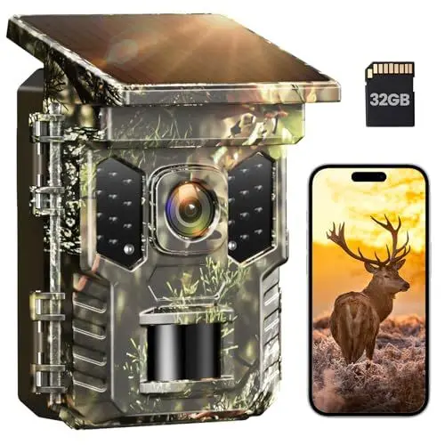 Produktbild: XTU Wildkamera mit Handyübertragung App,4K WLAN Wildtierkamera mit Bewegungsmelder Nachtsicht,Inklusive 32GB SD-Karte,IP66 Wasserdicht,Eingebauter 2600mAh Lithium-Akku Wiederaufladbar,0,2S Auslösen