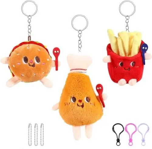 Produktbild: XUBWVW Schlüsselanhänger gefüllt – Plüschtier Accessoire & Fun Buddy Clip Niedlicher Plüschanhänger Burger Hühnerbein Pommes Frites, braun