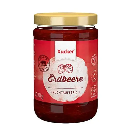 Produktbild: Xucker Fruchtaufstrich Erdbeere gesüßt mit Xylit - 74% Früchte, im 220g Glas, Made in Berlin- vegan, ohne Gentechnik