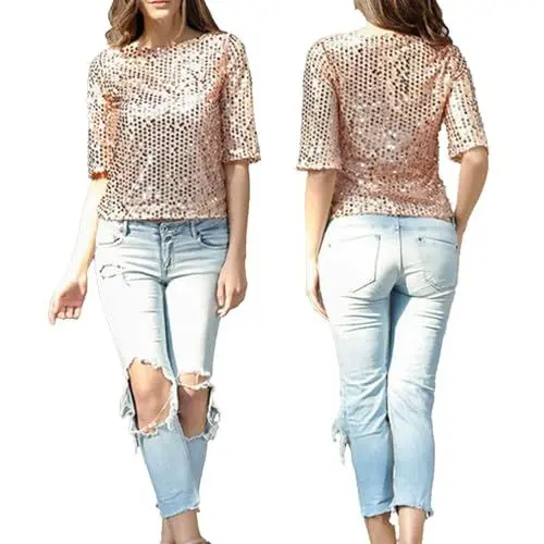 Produktbild: XUEJIANN Glitzerblusen Damen Schwarz Top Tops Women Shirt Crop Coctail Women's Blouse Anzug Damen Elegant 2 Teiler (Rose Gold, L)