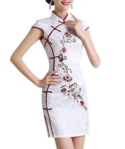 Produktbild: XueXian(TM) Damen Frauen Kurzärmelige Cheongsam Qipao mit Blumen und Schlitz (EU 40-42 China/XXL)