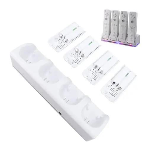 Produktbild: 4 in 1 Ladestation für Wii- und Wii U Fernbedienung, Wii Fernbedienungs Akkuladegerät mit 4er Pack 2800 mAh Akku + Wii Fernbedienungs Ladestationsbasis (White)