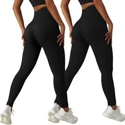 Produktbild: Xunerloy 2er-Pack Damen Sport Leggings Gerippt Seamless Gym Leggins Sporthose Sportleggings Lang High Waist Fitness Yoga Figurformende Leggings Blickdicht Schwarz - L