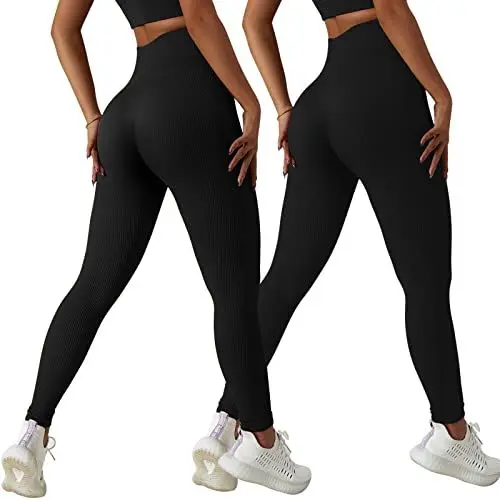 Produktbild: Xunerloy 2er-Pack Damen Sport Leggings Gerippt Seamless Gym Leggins Sporthose Sportleggings Lang High Waist Fitness Yoga Figurformende Leggings Blickdicht Schwarz - L