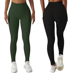 Produktbild: Xunerloy 2er-Pack Gerippte Leggings Damen High Waist Seamless Gym Leggins Sporthose Bauchweg Yoga Fitness Leggings Damen Lang Shape Sportleggings Blickdicht Schwarz Armeegrün - S