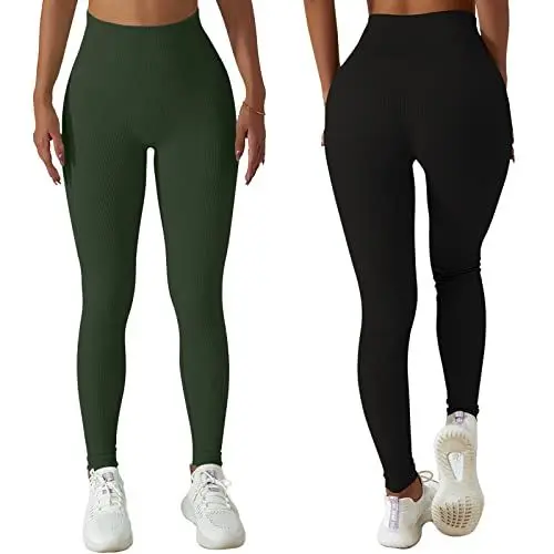 Produktbild: Xunerloy 2er-Pack Gerippte Leggings Damen High Waist Seamless Gym Leggins Sporthose Bauchweg Yoga Fitness Leggings Damen Lang Shape Sportleggings Blickdicht Schwarz Armeegrün - S