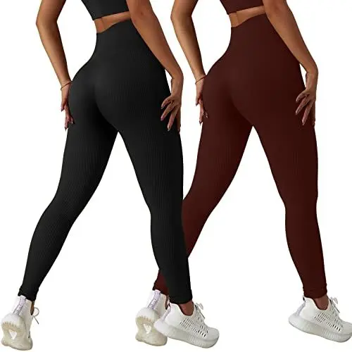 Produktbild: Xunerloy 2er-Pack Leggings Damen Sport Gym Leggins Sporthose High Waist Seamless Gerippte Fitness Yoga Leggings Damen Lang Shape Sportleggings Blickdicht Schwarz Braun - S