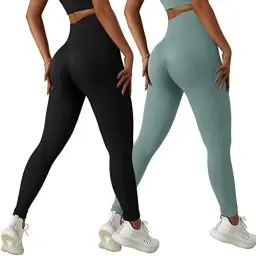 Produktbild: Xunerloy 2er-Pack Sport Leggings Damen Gerippte Seamless Gym Leggins Sporthose High Waist Bauchweg Fitness Yoga Leggings Damen Lang Shape Sportleggings Blickdicht Schwarz Blaugrau - L