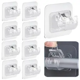 Produktbild: XUSSMM 10 Stück Selbstklebende Gardinenstangenhalterung, Nagelfreie Verstellbare Stangenhalter Handtuch Stangen Haken Vorhänge Haken Halter für Wohnzimmer, Schlafzimmer, Bad, Hotel (Transparent)