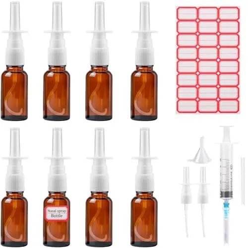 Produktbild: XUSSMM 8 Stück Nasen Sprühflaschen, 20ml Braun Glas Nasenspray Flasche Leer, Nachfüllbar leerer Nasensprüher mit Pipette, Feinem Sprühnebel, Trichter und Leere Etiketten für Parfüms, ätherische Öle
