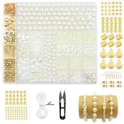 Produktbild: XWCHASA 1400Pcs Perlen Weiß, Weiße Perlen zum Auffädeln Erwachsene Armbänder Selber Machen Set 3/4/6/8/10/12 mm, Goldene Sperlen,Distanzperlen Perlen Set für DIY Halsketten Armbänder Schmuck Basteln