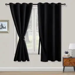 Produktbild: XWZO Blickdichte Vorhänge Verdunklungsvorhänge mit Ösen 2 Stücke Gardienen mit Raffhalter Lichtundurchlässige Vorhänge für Schlafzimmer,WonhzimmerBüro, 175x140 cm, Schwarz