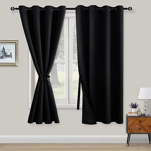 Produktbild: XWZO Blickdichte Vorhänge Verdunklungsvorhänge mit Ösen 2 Stücke Gardienen mit Raffhalter Lichtundurchlässige Vorhänge für Schlafzimmer,WonhzimmerBüro, 175x140 cm, Schwarz