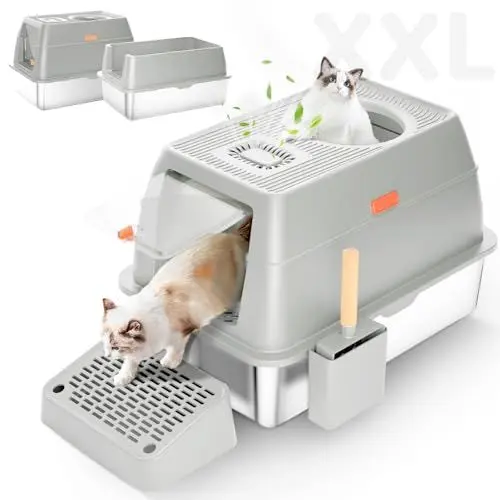 Produktbild: XXL Edelstahl Katzenklo geruchsfrei mit Deckel, große Katzentoilette aus Edelstahl, Geschlossen Katzenklo Katzen WC, auslaufsicher und leicht zu reinigen - Grau