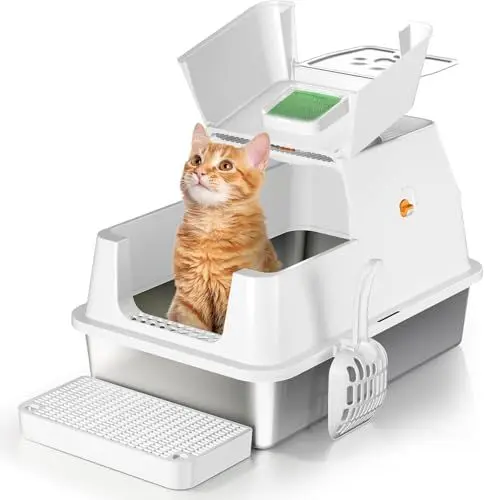 Produktbild: XXL Edelstahl Katzenklo mit Deckel, 180° Flip-Oben XXL Katzentoilette, Große Katzentoilette aus Edelstahl, Geschlossen Katzenklo Katzen WC, Auslaufsicher und Leicht zu Reinigen - Weiß