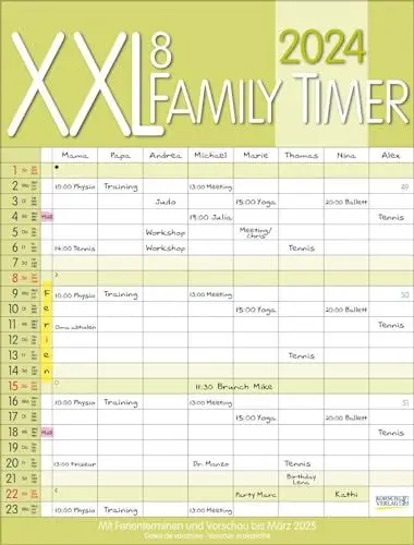Produktbild: XXL Family Timer 8 2024: Familienplaner mit 8 breiten Spalten. Hochwertiger Familienkalender mit Ferienterminen, extra Spalte, Vorschau bis März 2025 und nützlichen Zusatzinformationen.
