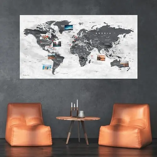 Produktbild: XXL Weltkarte als Pinnwand | Reiseziele und Urlaub pinnen | Landkarte aus edlem Vlies in Grau | 130 x 70 cm, inkl. 20 Fähnchen