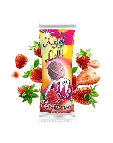 Produktbild: Xylit Birkenzucker Lolli Erdbeere | 25 Stk x 6g | Keine Chance für Karies: zuckerfreier Dauerlutscher | vegan & kalorienreduziert | Zahnpflege Lollipop Erdbeer