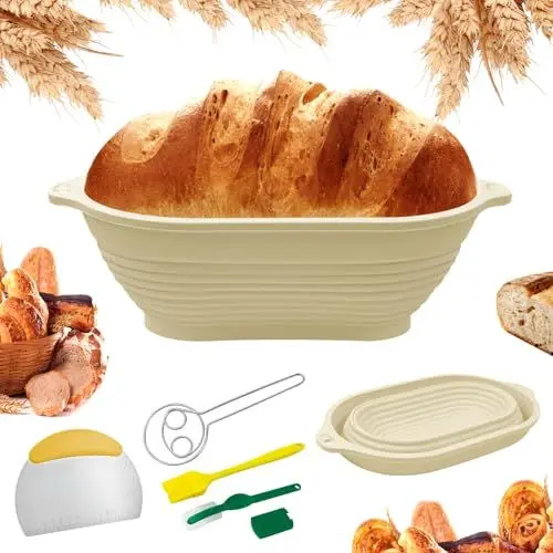 Produktbild: xyuayamz 29cm Silicone Gärkörbchen mit Stahlring, 5 Stück Gärkorb Oval Faltbar, Enthalten Teigausstecher, Silikonpinsel, Schneebesen, Brotlame, Wiederverwendbar, Leicht zu Reinigen und Aufzubewahren