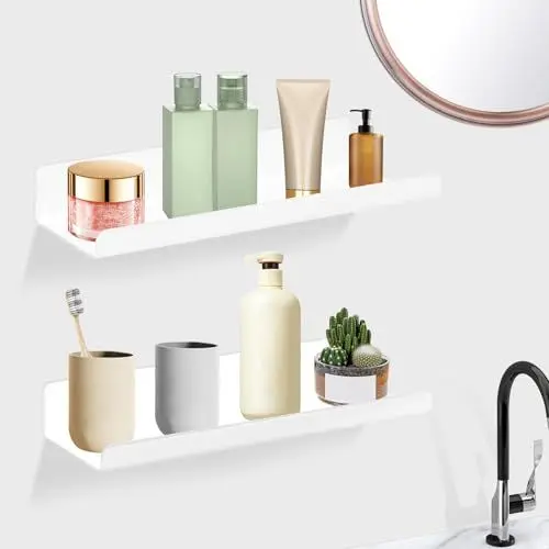 Produktbild: xyuayamz Wandregal Ohne Bohren Schweberagel, Badezimmer Regal Schweberegal, Wand Regale Acryl Küche Regal Zum Kleben, für Wohnzimmer, Arbeitszimmer, Badezimmer, Küche(Weiß, 2 Stück, 30x10x4cm)