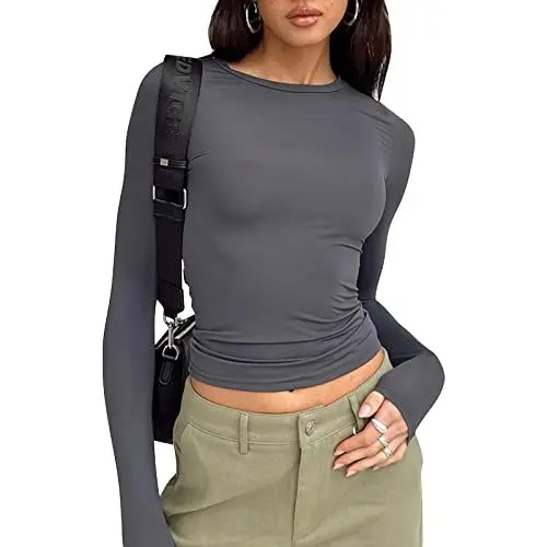 Produktbild: Y2K Oberteile Damen Basic Langarmshirt Eng Cropped Tee Shirts Langarm Top Slim Fit Crop Top Teenager Mädchen Langärmlich Rundhals T-Shirt Streetwear N-Langarm-Grau M