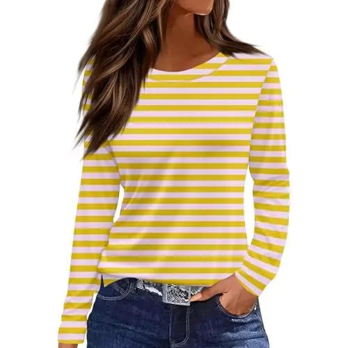 Produktbild: Y2K Tops, T Shirt Damen Langarm Langarmshirt Baumwolle Still Tshirt Weißes Hemd Bluse Oversize Tops für Schlafanzug Oberteil Pullover Gelb XL