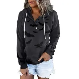 Produktbild: Sweater Unterdamen Dicke Boyfriend Sweatshirt Knopfleiste Langarm Halloween Gym Kur Blusen Women Rundhals Mehrfarbig Klassische Coole Schwarz