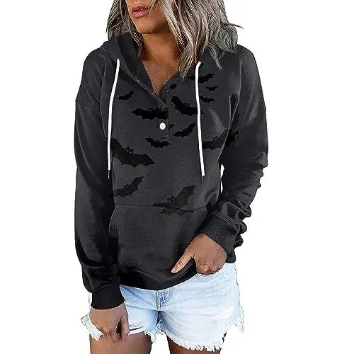 Produktbild: Y2K Zip Up Hoodie Sweater Unterdamen Dicke Boyfriend Sweatshirt Knopfleiste Langarm Halloween Gym Kur Blusen Women Rundhals Mehrfarbig Klassische Coole Schwarz