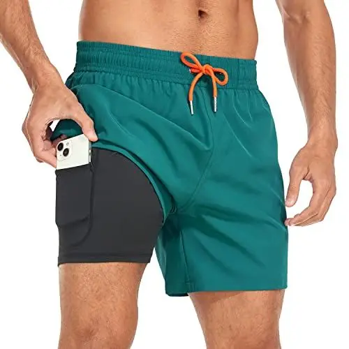 Produktbild: Yaavii Badeshorts Herren Badehose mit Kompression Liner 2 in 1 Schnelltrocknend Strandhose Männer Boardshorts mit Reißverschlusstaschen Grün XL