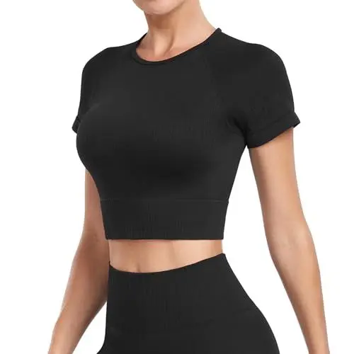 Produktbild: Yaavii Kurzarm Sport Oberteile Damen Ribbed Gym T-Shirts Bauchfrei Crop Top Fitness Schwarz M