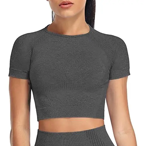 Produktbild: Yaavii Sport Oberteile Damen Kurzarm Gym T-Shirts Bauchfrei Crop Top Fitness Dunkelgrau M