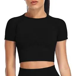 Produktbild: Yaavii Sport Oberteile Damen Kurzarm Gym T-Shirts Bauchfrei Crop Top Fitness Schwarz M