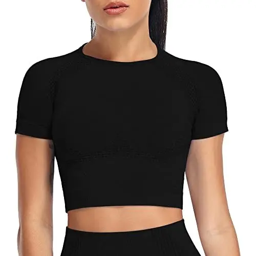 Produktbild: Yaavii Sport Oberteile Damen Kurzarm Gym T-Shirts Bauchfrei Crop Top Fitness Schwarz M