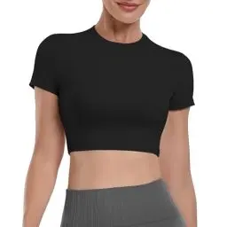 Produktbild: Yaavii Sport Oberteile Damen Kurzarm Gym T-Shirts Crop Top Bauchfrei Sportshirt Fitness Schwarz M