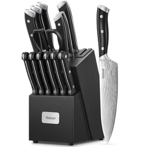 Produktbild: Yabano Messerblock Set, 14 tlg. Messer Set mit Selbstschärfender Messerblock, Scharf Edelstahl Messerset Set mit Kunststoff-Griff und Holzblock, Profi Küchenmesserset