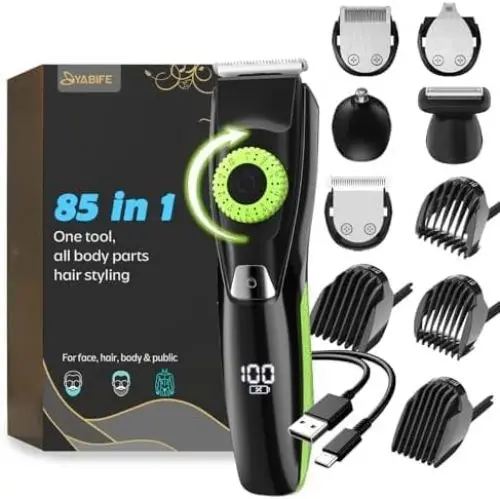 Produktbild: YABIFE Bart- & Schnurrbart-Trimmer mit 3 Aufsätzen 40 präzise Längeneinstellungen, wasserdicht, 240 Min. Akkulaufzeit – Professioneller Haartrimmer für Männer & Frauen Ohr Kopf Nas-Grün