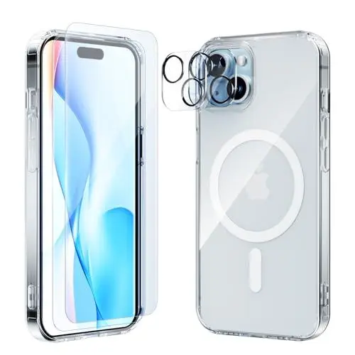 Produktbild: YAEFDD 5 in 1 Magnetic für iPhone 15 Hülle transparent, (Für Magsafe konzipiert), mit 2X Bildschirmschutzfolien + 2X Kameraobjektivschutz, (Nicht vergilbend) stoßfeste schlanke Hülle für iPhone 15.