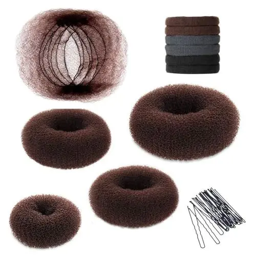 Produktbild: YaFex Profi Haar Donut Bun Maker Kit, 4 Stück (1 groß, 2 mittel und 1 klein), 6 Stück elastische Haargummis, 20 Stück Haar Bobby Pins, braun (Rraun)