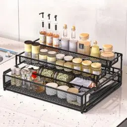 Produktbild: Yahbrra Arbeitsplatte Küchen Organizer Gewürze Küchenorganizer: Gewürzregal Ausziehbar Schrank Küche 3 Etagen Gewürzaufbewahrung Perfekt für Küche Wohnzimmer (Schwarz, 32x25.5x12cm)