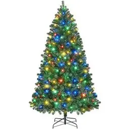Produktbild: Yaheetech 183cm LED Künstlicher Weihnachtsbaum mit 300 Mehrfarbigen und Warmweißen Lichtern, 9 Lichtmodi, Christbaum Tannenbaum mit 818 Zweigen & Faltbarem Metallständer, Grün